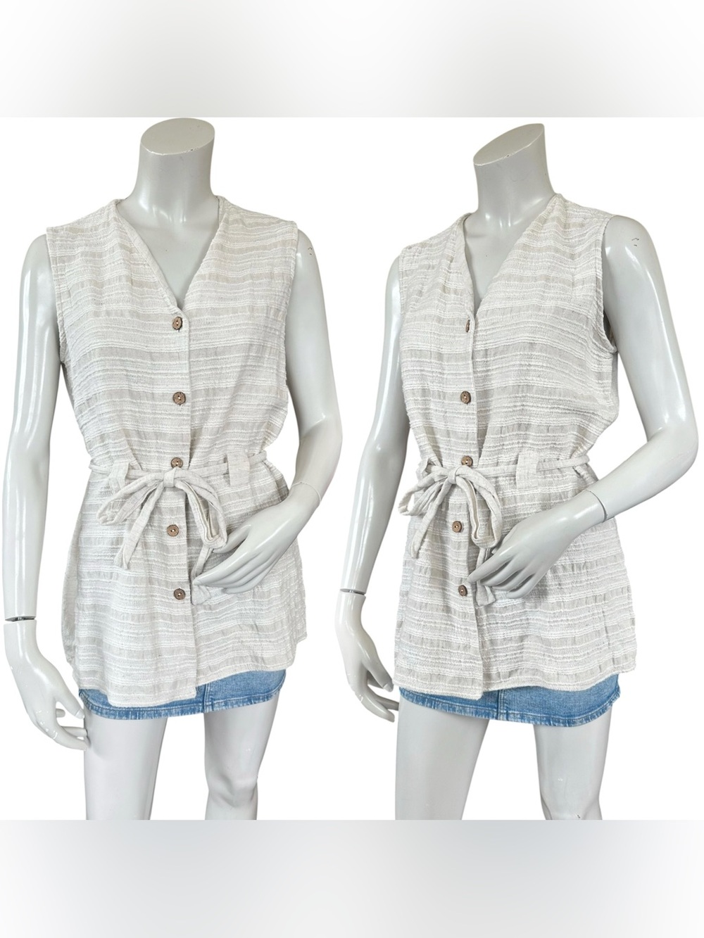Vintage Woolrich Cream Ivory Cotton Linen Blend Botton Down Tie Waist Vest Top M